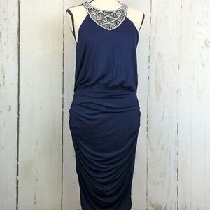 NWOT! VENUS Ruched Jeweled High Neck Dress